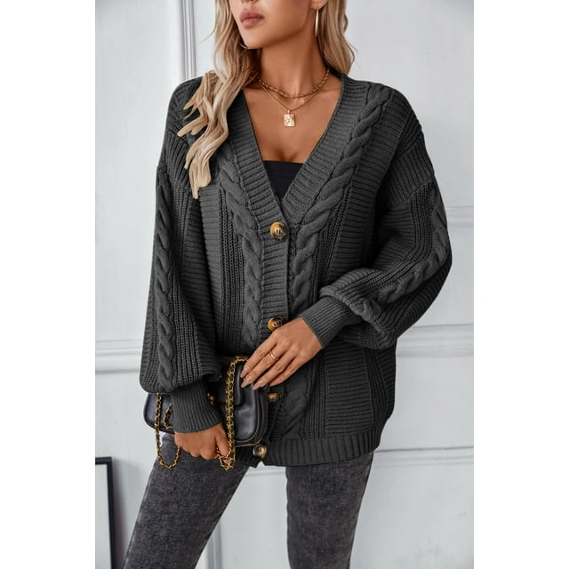 KOITHOT Womens Cardigan Cable Knit Sweater Button Down Loose Oversized ...