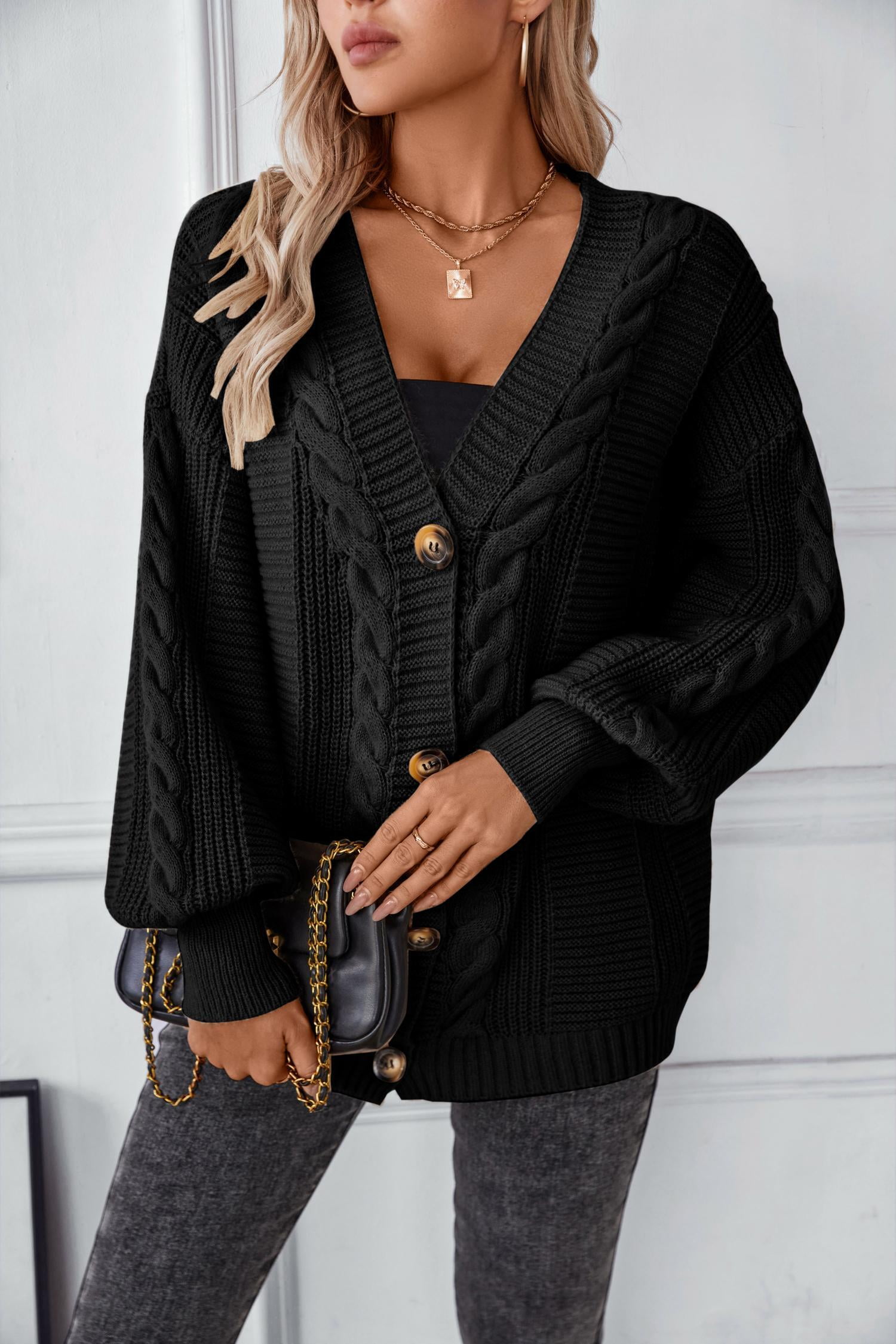 KOITHOT Womens Cardigan Cable Knit Sweater Button Down Loose Oversized ...