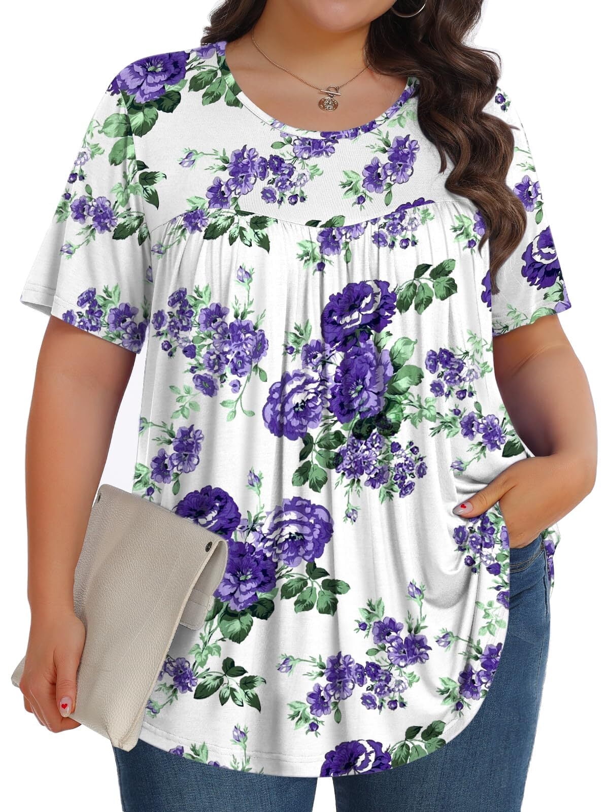 Women's Plus Short Sleeve Crew Neck Button Trim Textured Top