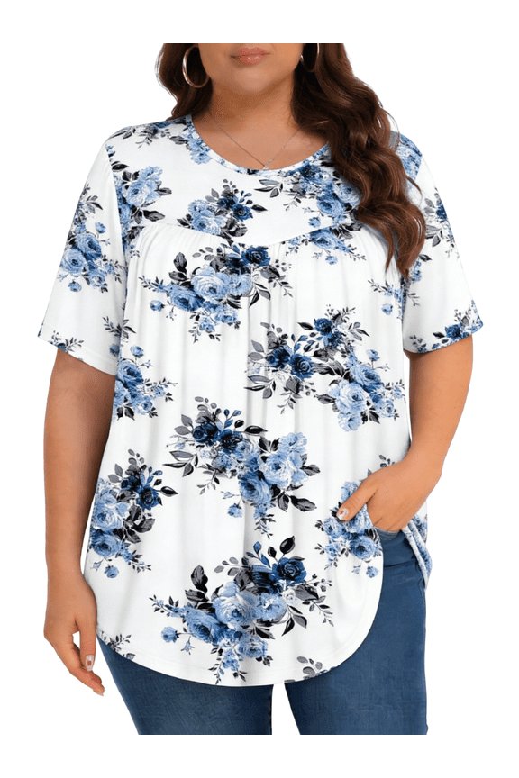 Womens Plus Size Tops Tunic Short Sleeve Crew Neck Shirts Casual Soft Blouse 1X-5X