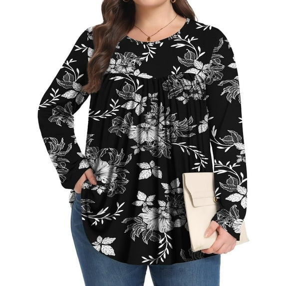 KOITHOT Womens Plus Size Tops Tunic Long Sleeve Crew Neck Shirts Casual Soft Blouse 1X-5X