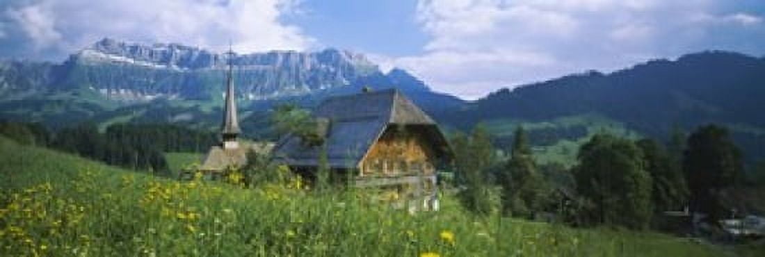 Chalet and a church on a landscape Emmental Switzerland Canvas Art - Panoramic Images (18 x 6)