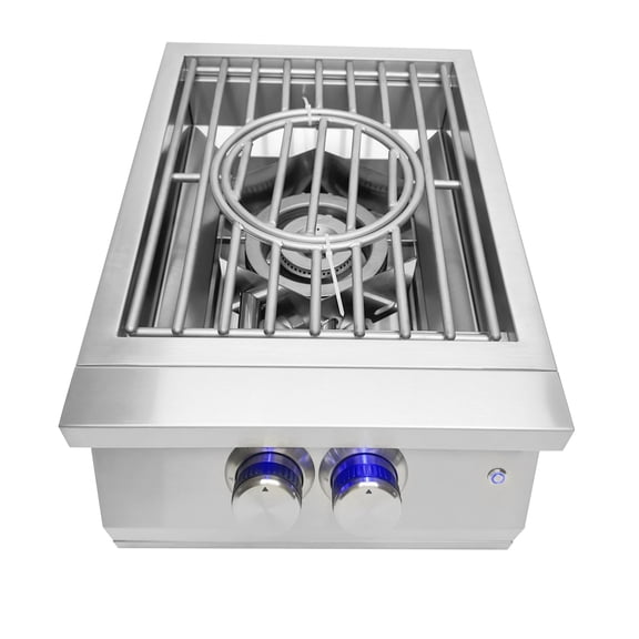 Chaleur 16 in Power Side Burner Built-In Propane Gas, Wok Ring & Lid 60,000 BTU Dual Ring Stainless Steel Outdoor Kitchen Burner with Independent Controls & LED Knobs