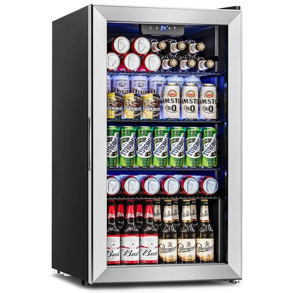 Chaleur 19" Single Zone Mini Fridge Beverage Refrigerator Glass Outdoor 126-Can, 3.2 Cu.Ft Mini Fridge Glass Door, Summer Kitchen BBQ Bar Cooler, LED Light, 34-64°F, Adjustable Shelves – Silver