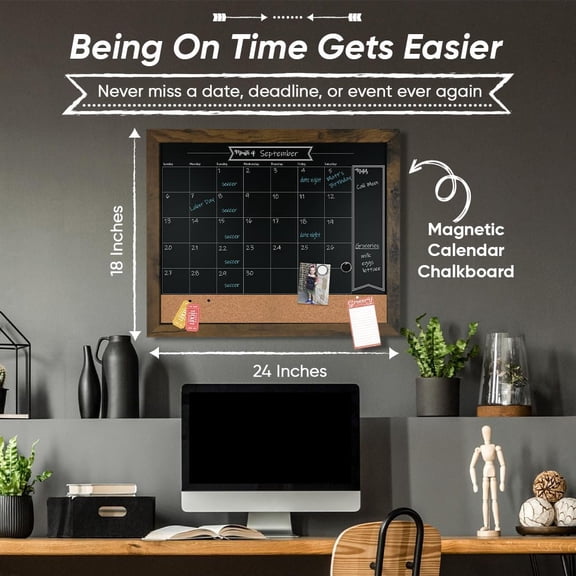 Chalk Board Calendar for Wall & Bulletin Combo - 18 x 24-Inch Rustic Frame - Writable Chalk Calendar Surface, Magnets & Push Pins - Menu Board for Kitchen
