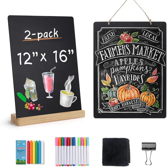 Chalk Board Sign Board - 2 Pack 12x16 Inch Decorative Chalkboard with Wooden Stand + Hanging Rope, Table & Wall Decor, Double-Sided Message Menu Food Board for Business, Wedding