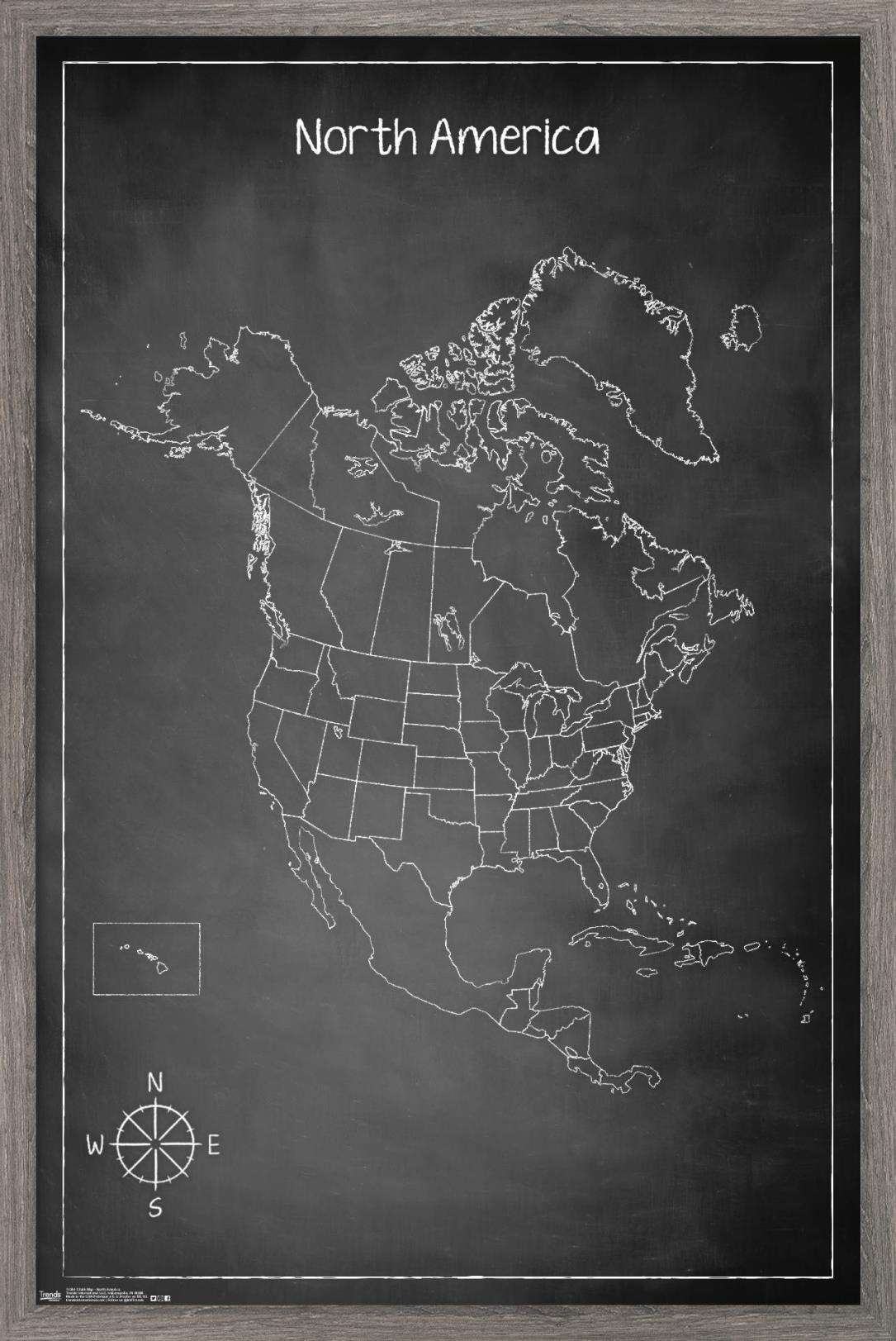 Chalk Map - North America Wall Poster, 14.725" x 22.375", Framed