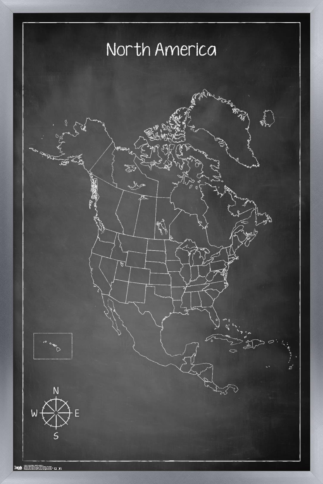 Chalk Map - North America Wall Poster, 22.375" x 34", Framed