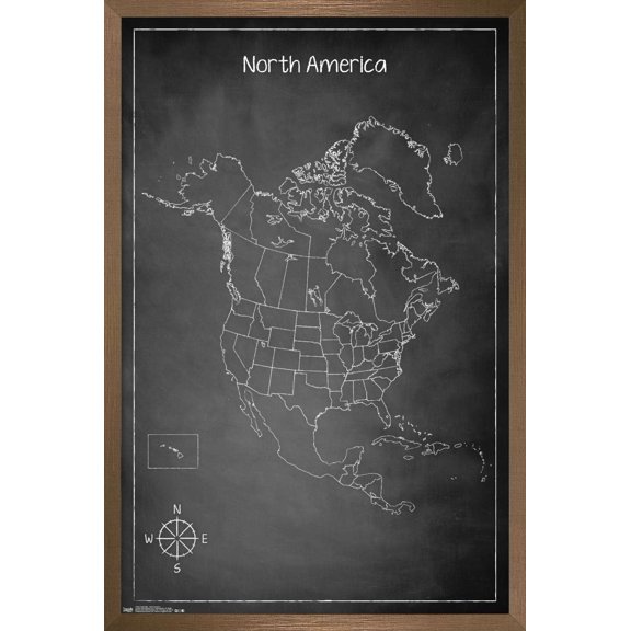 Chalk Map - North America Wall Poster, 22.375" x 34", Framed