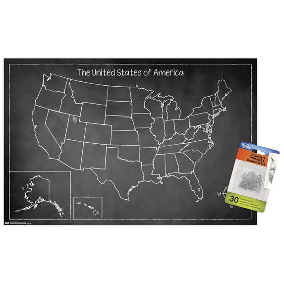 Chalk Map - USA Wall Poster with Push Pins, 14.725" x 22.375"