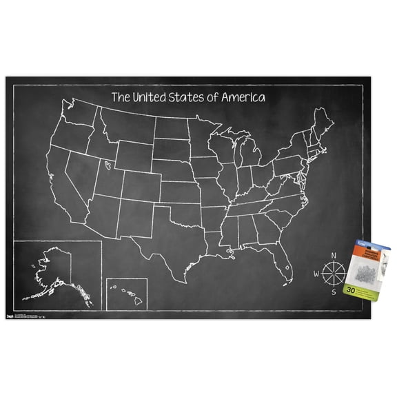 Chalk Map - USA Wall Poster with Push Pins, 22.375" x 34"