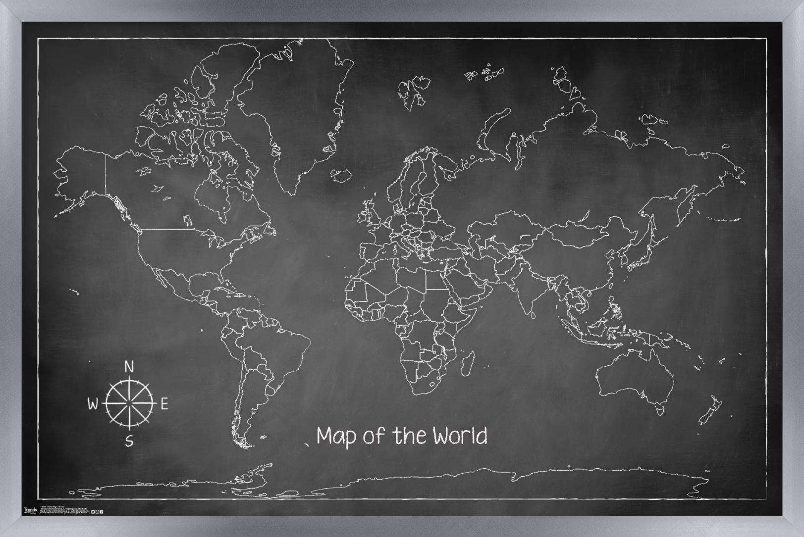 Chalk Map - World Wall Poster, 14.725" x 22.375", Framed