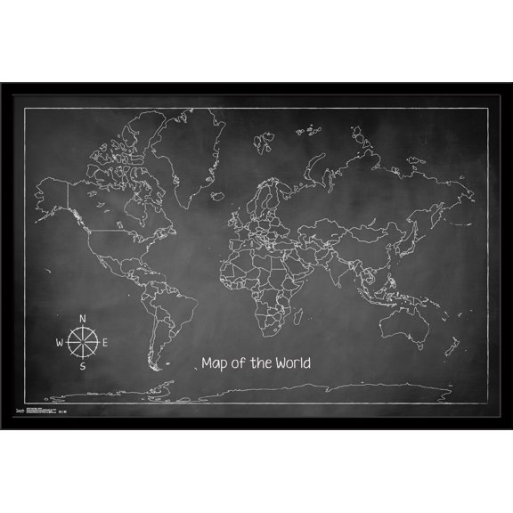 Chalk Map - World Wall Poster, 22.375" x 34", Framed