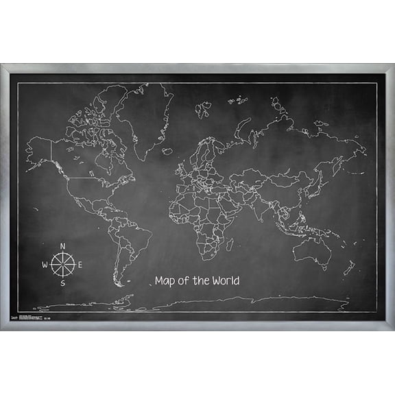 Chalk Map - World Wall Poster, 22.375" x 34", Framed