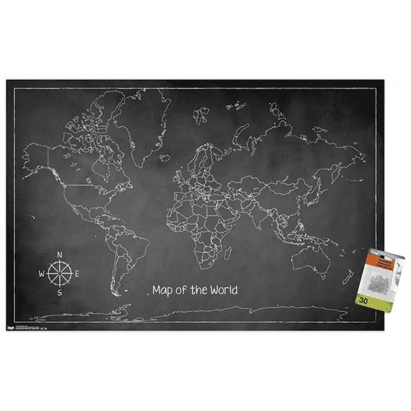Chalk Map - World Wall Poster with Push Pins, 22.375" x 34"