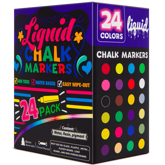 Xueyu Liquid Chalk Marker, Dry Erase Marker Pens, Pack of 24, 6mm Reversible Tips, for Blackboard, Glass, Car Windows, Multicolored