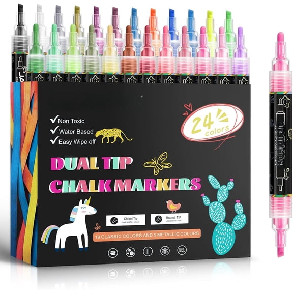 Chalk Markers Dual Tips,Erasable Liquid Chalk Marker for Blackboard,Washable Chalk Pens for Auto,,Glass,Mirror,Chalkboard,Window markers,24 Colors Chalk Board Markers with Metallic Colors
