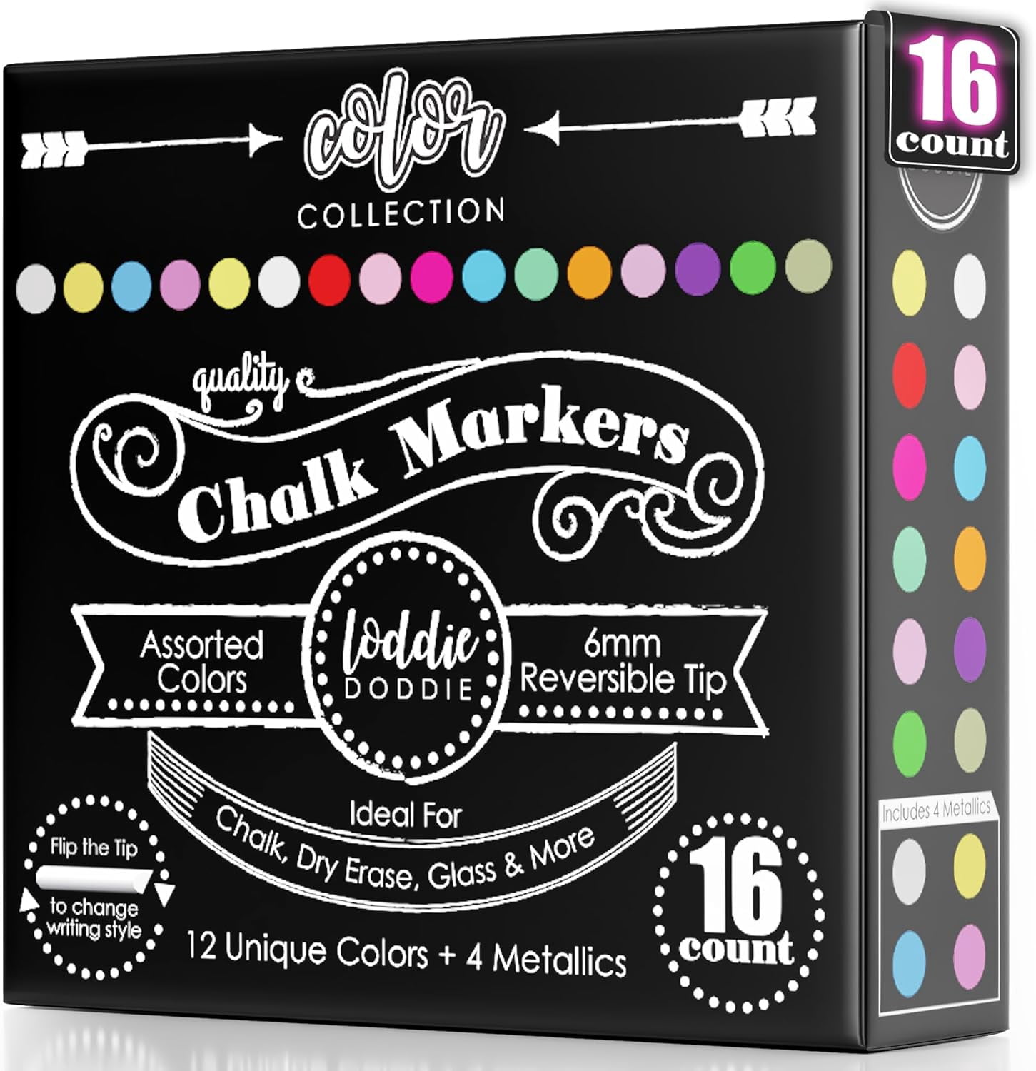 Chalk Markers - Pack of 16, Reversible 6mm Tips - Vibrant Chalkboard Designs with Chalkboard Markers - Easy Erase on Glass & Whiteboards with Dry Erase Pen