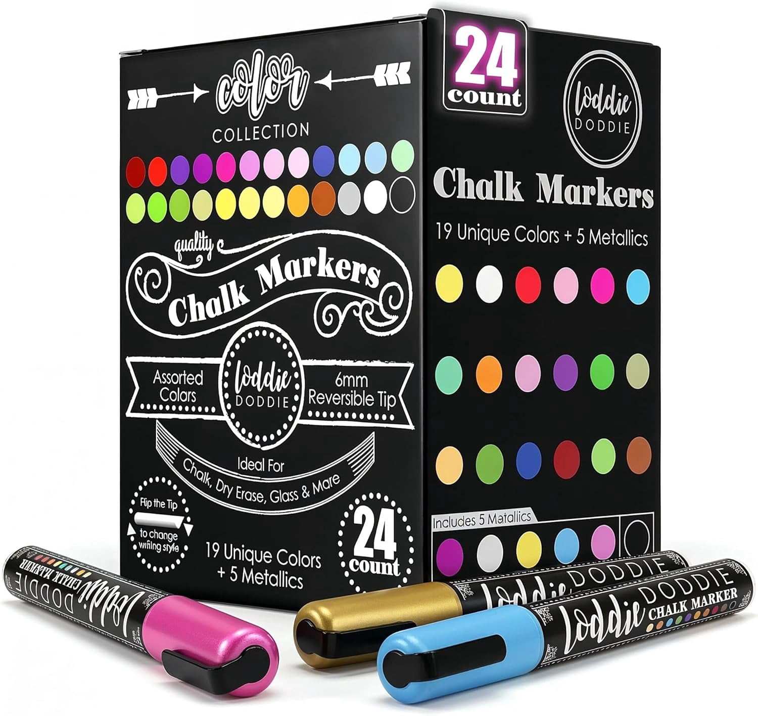 Chalk Markers - Pack of 24, 6mm Reversible Tips - Liquid Chalk Pens for Glass Surfaces & Windows - Erasable Pens for Chalkboard Calendar - Non-Toxic Chalkboard Markers
