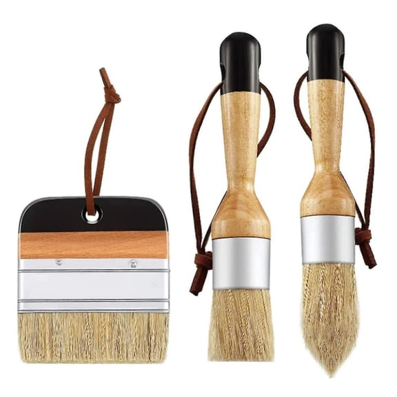 Chalk Paint Brushes, Pro Grade Set For Furniture Stencils And Texture Paint, 3 Pieces With Poplar Handle And Leather Straps