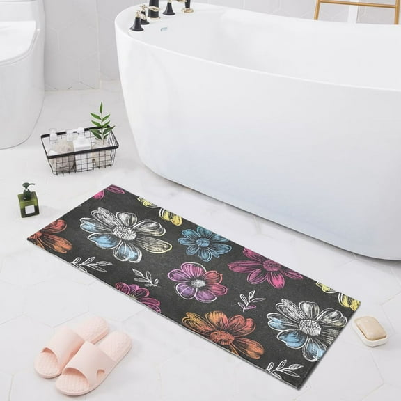 Chalk Paint Flowers Bath Mat 39x20 Non-Slip Bathroom Rugs Absorbent Soft Plush Quick Dry for Tub Shower Kitchen Home Decor