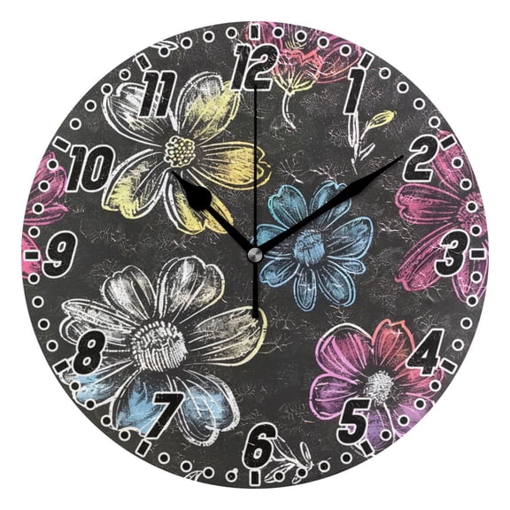 Chalk Paint Flowers Round Wall Clock Battery Operated Silent Non-Ticking Bedroom Office Kitchen Home School Decor 10"(Black)