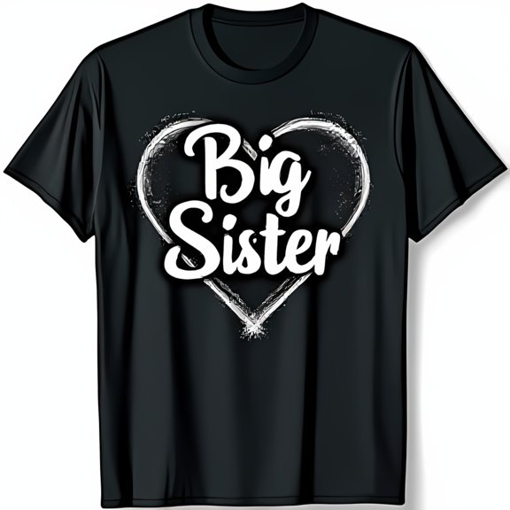 Chalk Style White Heart Graphic Black T-Shirt Big Sister Cursive Design