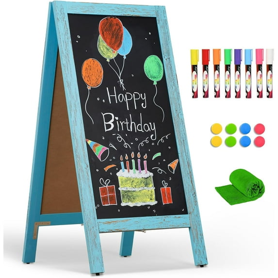 Chalkboard 40" x 20", Chalk Board Sign Board Magnetic Sandwich Board Pine Wooden Freestanding Double-Sided Chalkboard Easel for Restaurant Cafe Shop Wedding Party, Blue