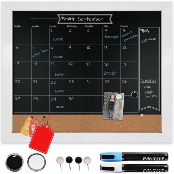 Chalkboard Calendar - 18" x 24" White Framed - Magnetic Chalkboard & Cork Bulletin Board with Chalk Markers, Push Pins & Magnets - Dry Erase Calendar for Wall