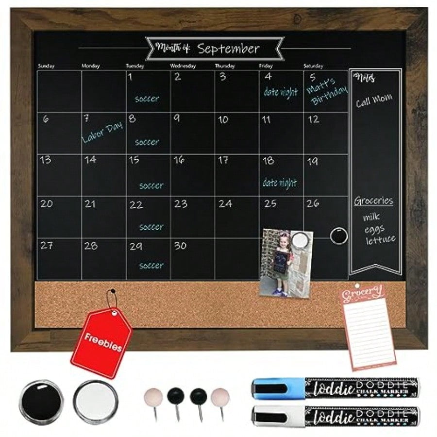Chalkboard Calendar Bulletin Combo 18 X 24 Rustic Frame With Chalk Markers PushPins Magnets Blackboard Kitchen Wall Calendar Organizer