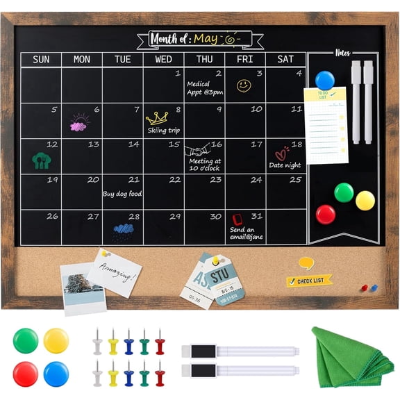 VividGreen Chalkboard Calendar with Cork Board, 36x24 Inch Wood Frame Bulletin Board for Wall, Magnetic Chalk Calendar Board