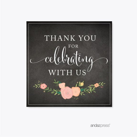 Chalkboard Floral Wedding Square Labels, Thank You for Celebrating With Us, 40-Pack