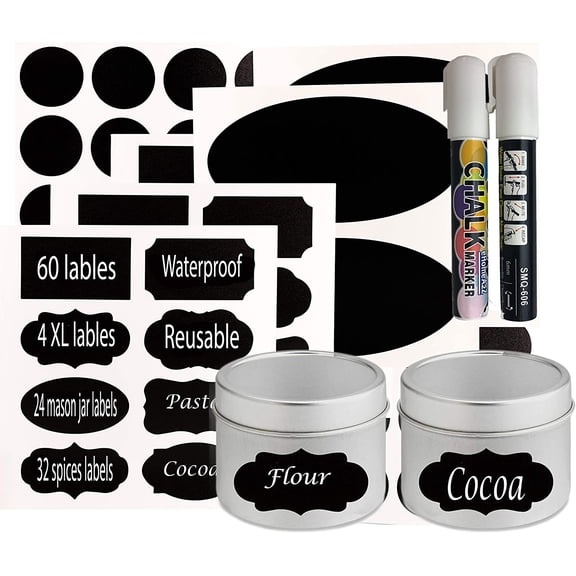 Chalkboard Jar Labels for Canning Mason Jars Premium Reusable Stickers Glass Chalk + 2 Large Erasable Markers (60 Labels)