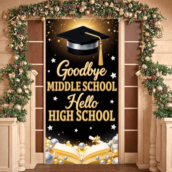 Chalkboard  Next Stop High School Banner Hand-drawn Design Graduation Backdrop School Supplies Theme Academic Elements School Transition Background for Middle School Graduation Back to School Party