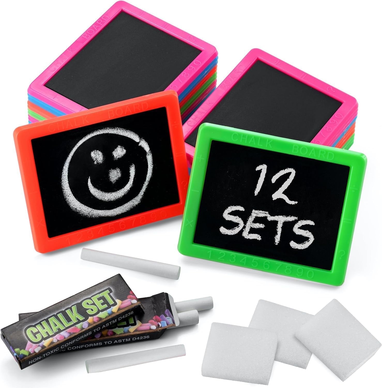 Neon Mini Chalkboard Set with Chalk and Eraser, 12 Pack