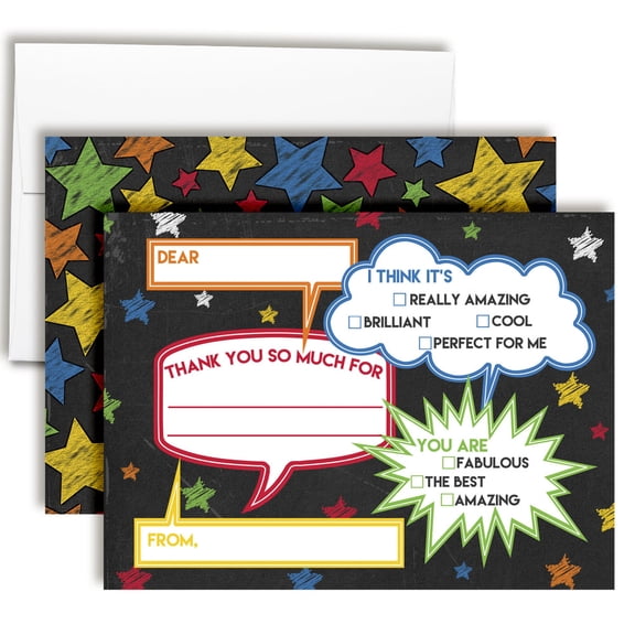 Chalkboard Speech Bubble Birthday Thank You Cards for Kids 10 Cards with Envelopes 4.5x5 Fill In the Blank Thank You Notes, Kids Birthday Party Stationery by Amanda Creation