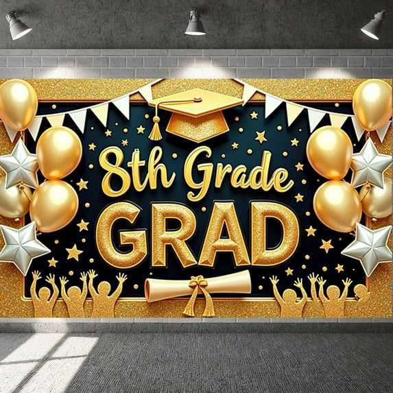 Chalkboard Style Next Stop High School Banner Hand-drawn Design High School Graduation Display Graduation Cap Globe Decoration School Transition Backdrop for High School Graduation Party 8th Grade