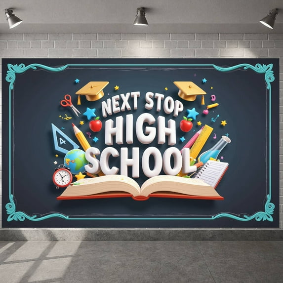 Chalkboard Style Next Stop High School Banner Hand-drawn Design High School Graduation Display Graduation Cap Globe Decoration School Transition Backdrop for High School Graduation Party 8th Grade