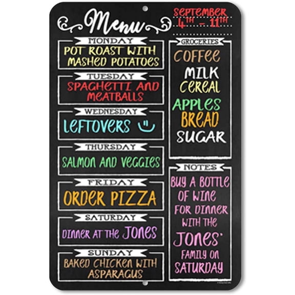 Chalkboard Style Weekly Food Menu Board for Kitchen 8"x12" inch Tin Sign Durable,Easy Hanging on Wall Dinner Funny Home Club bar Wall Art Decoration Retro Metal Tin Signs