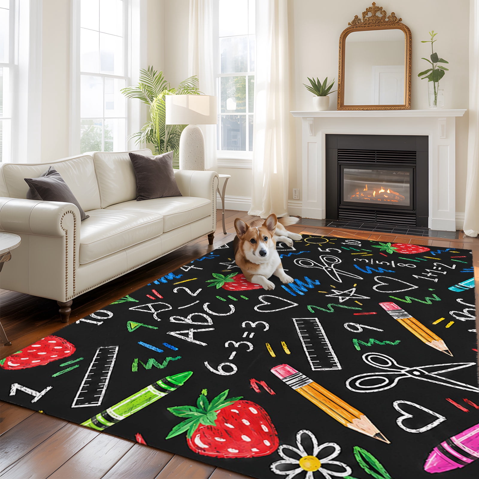 Non Zero Symbol In Math Chalkboard Washable Area Rug 8x10 Playful Red Yellow Crayons Math ...