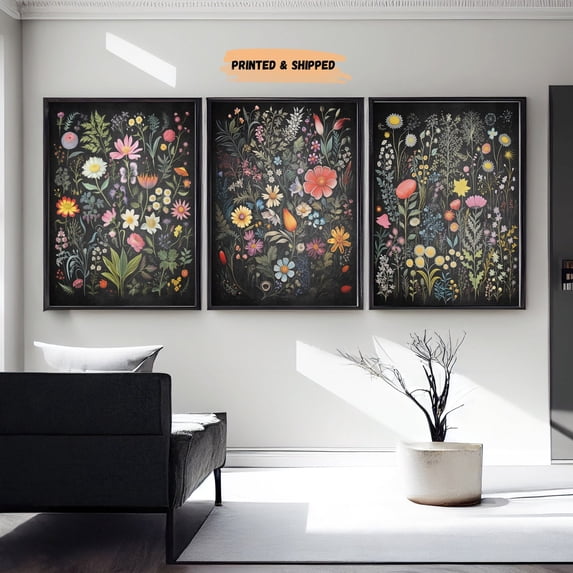 Chalkboard Wildflower Dark Floral Wall Art Set 3 Stretched Canvas 12x18 ...
