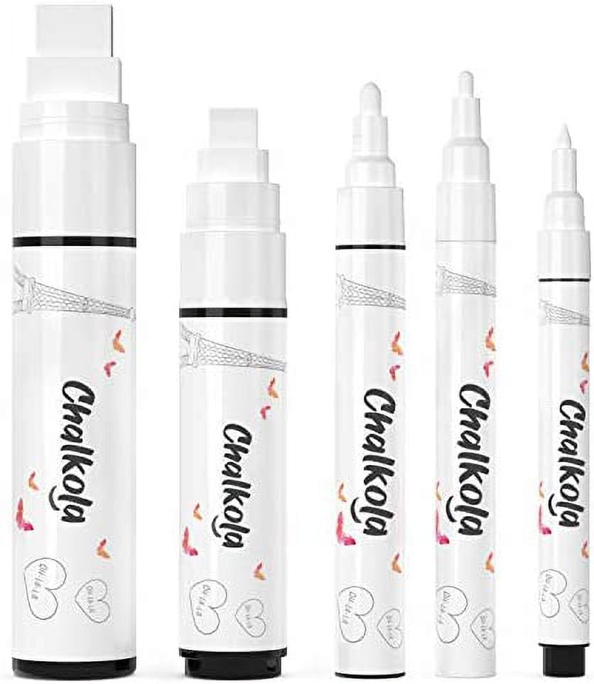 Chalkola 5 White Chalk Markers for Chalkboard Signs, Blackboard, Car  Window, Bistro, Glass  5 Variety Pack - Thin, Fine Tip, Bold & Jumbo Size  Erasable Liquid Chalk Pens (1mm, 3mm, 6mm