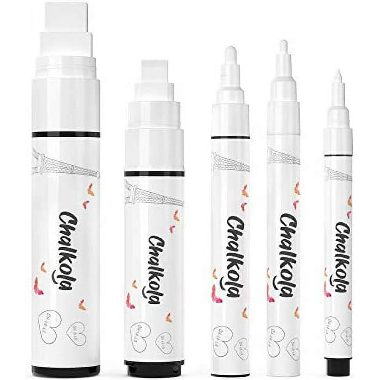 Chalkola 5 White Chalk Markers for Chalkboard Signs, Blackboard, Car Window,  Bistro, Glass  5 Variety Pack - Thin, Fine Tip, Bold & Jumbo Size Erasable  Liquid Chalk Pens (1mm, 3mm, 6mm