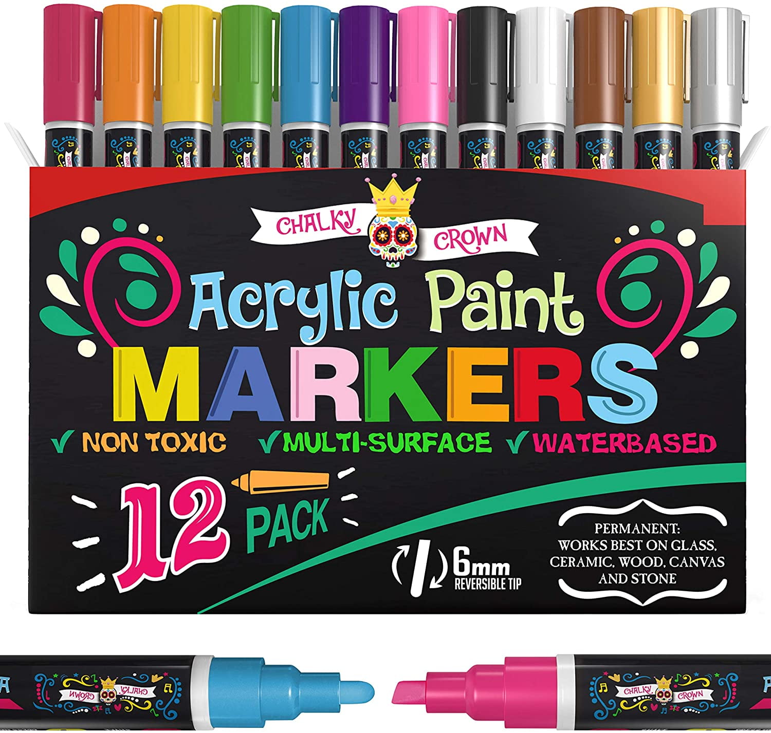 Chalky Crown - Acrylic Paint Markers - Water Based Reversible Tip Paint  Pens - 6 mm (12 Per Pack)