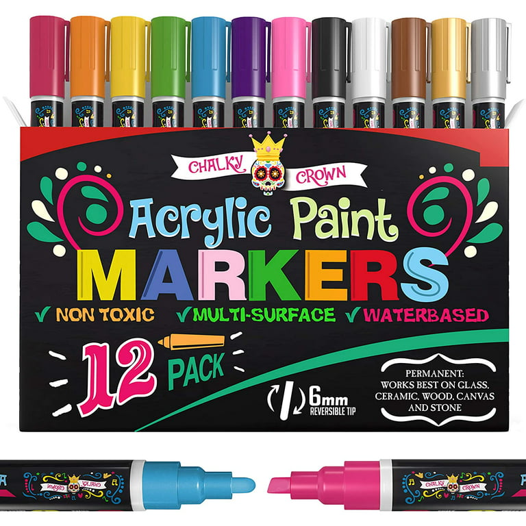 Acrylic Paint Markers - Acrylic Paint Pens for Rock Painting, Stone, Ceramic, Glass, Wood, Canvas - Reversible Tip Paint Pens- 6mm (12 Pack)