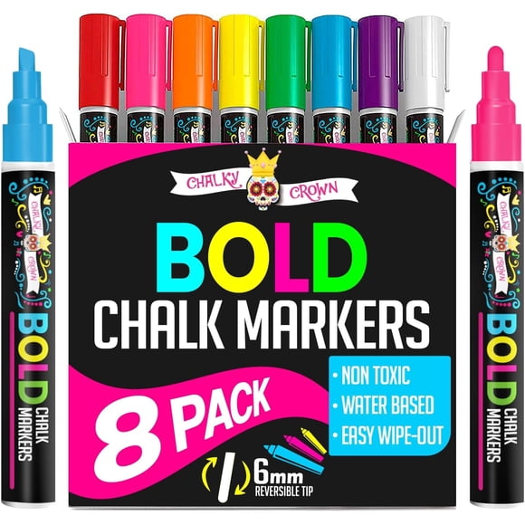 Chalky Crown - Bold Chalk Markers - Dry Erase Marker Pens - Reversible Tip - 8 Pack, 6 mm