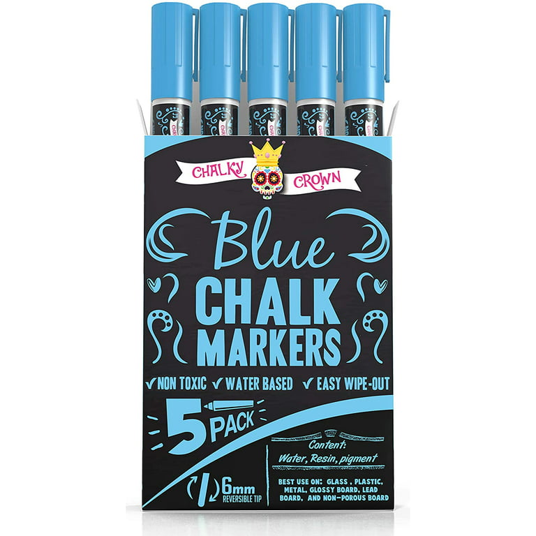 Chalky Crown Liquid Chalk Marker Pen - Dry Erase Marker - Chalk Markers for  Chalkboard Signs, Windows, Blackboard, Glass - 6mm Reversible Tip - 24  Chalkboard Labels Included (Blue, 5 Pack) 