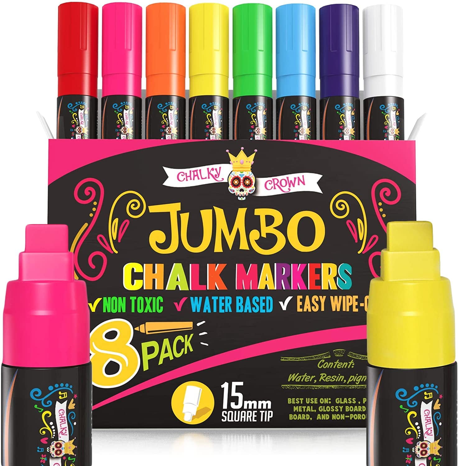 Window Paint Markers for Glass Washable: 8 Pack 15mm Jumbo Liquid Chalk  Marker