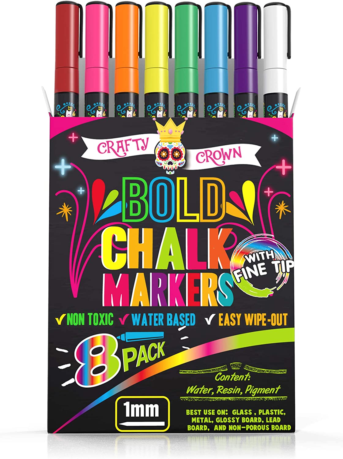 Chalky Crown Liquid Chalk Markers - Dry Erase Markers - 8 Pack - Multicolored, Size: 1 mm