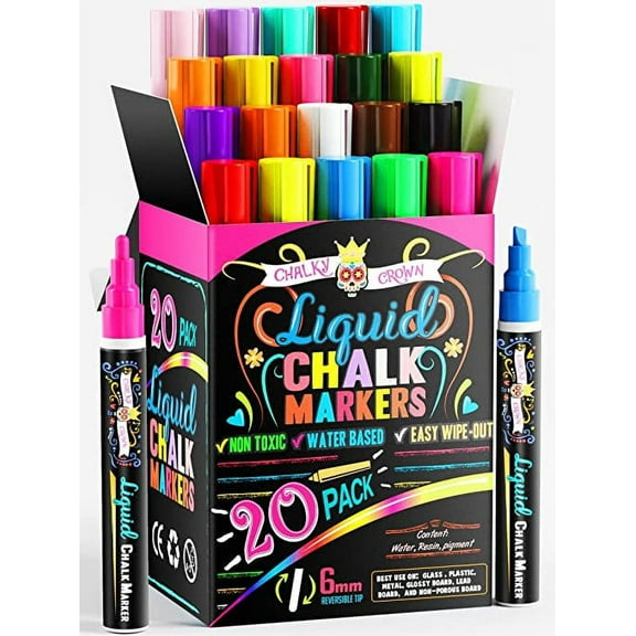 Chalky Crown - Liquid Chalk Markers - Erasable Chalk Markers with Reversible Tip - Bold Multicolor, 6mm, 20 Pack